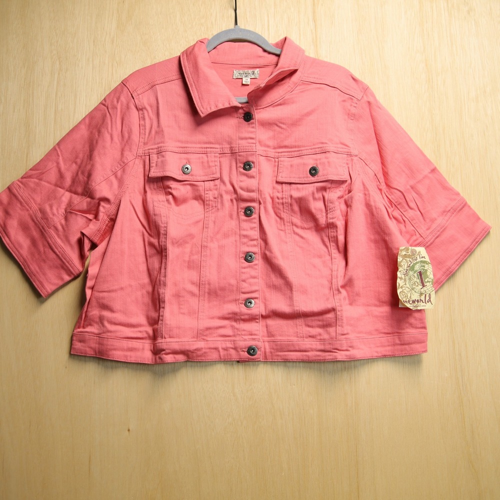 One World Salmon Pink Short Sleeve Denim Jacket Plus Size 3X NWT